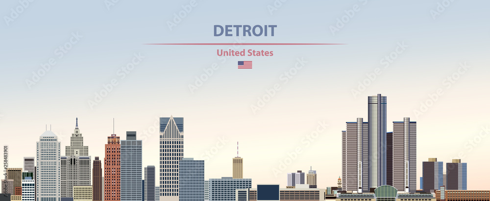 Vector illustration of  Detroit city skyline on colorful gradient beautiful day sky background with flag of United States
