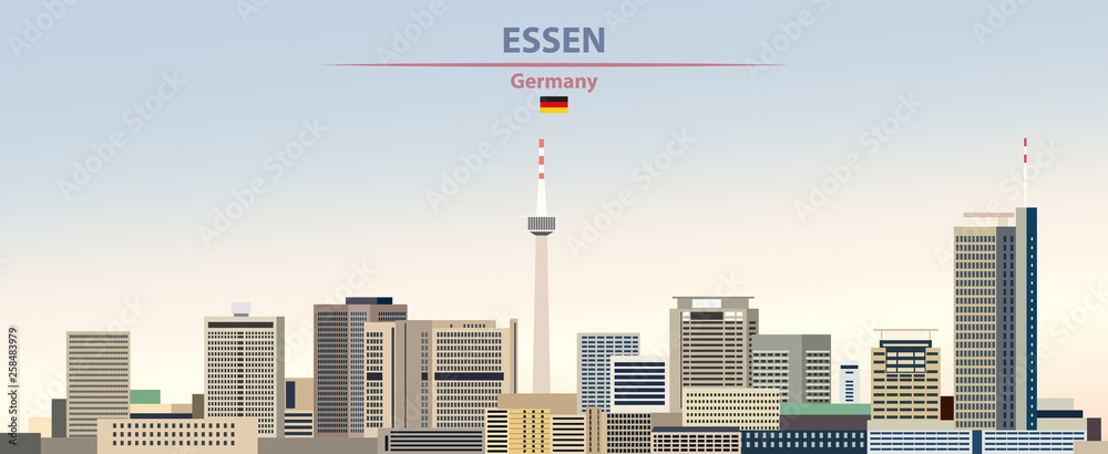 Naklejka premium Ilustracja wektorowa panoramę miasta Essen na tle kolorowe gradientu piękny dzień nieba z flagą Niemiec