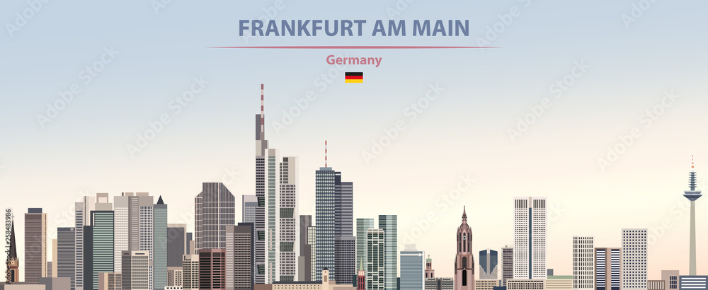 Fototapeta premium Ilustracja wektorowa panoramę Frankfurtu nad Menem na tle kolorowe gradientu piękny dzień nieba z flagą Niemiec
