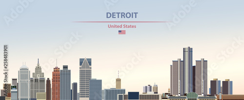 Vector illustration of  Detroit city skyline on colorful gradient beautiful day sky background with flag of United States