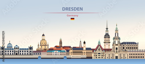 Dresden city skyline vector illustration on colorful gradient beautiful day sky background with flag of Germany