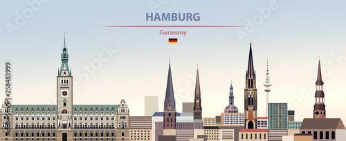 Hamburg city skyline vector illustration on colorful gradient beautiful day sky background with flag of Germany