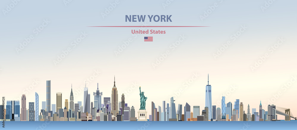 New York city skyline vector illustration on colorful gradient beautiful day sky background with flag of United States