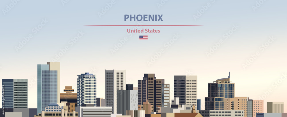 Naklejka premium Phoenix city skyline vector illustration on colorful gradient beautiful day sky background with flag of United States