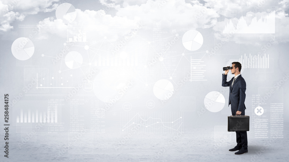 Businessman looking forward with binoculars cloudy background and graphs, charts around
Businessman looking forward with binoculars cloudy background and graphs, charts around