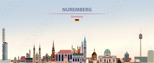 Nuremberg city skyline vector illustration on colorful gradient beautiful day sky background with flag of Germany