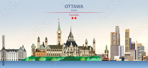 Ottawa city skyline vector illustration on colorful gradient beautiful day sky background with flag of anada