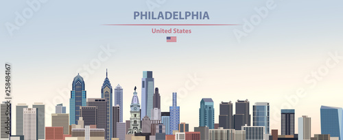 Vector illustration of  Philadelphia city skyline on colorful gradient beautiful day sky background with flag of United States