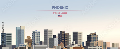 Phoenix city skyline vector illustration on colorful gradient beautiful day sky background with flag of United States