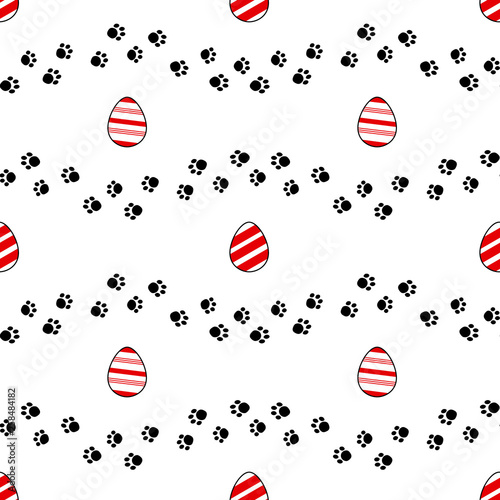 Easter egg hunt seamless pattern with outlined elements. Pawprints trails and decorative Ester eggs pattern isolated on white background.