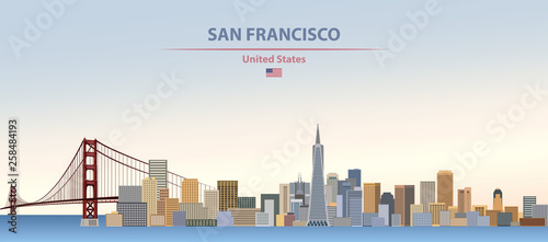 San Francisco city skyline vector illustration on colorful gradient beautiful day sky background with flag of United States