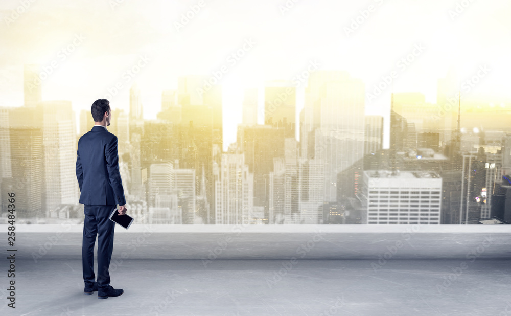 Businessman standing with his back on a roof with objects in his hand
Businessman standing with his back on a roof with objects in his hand