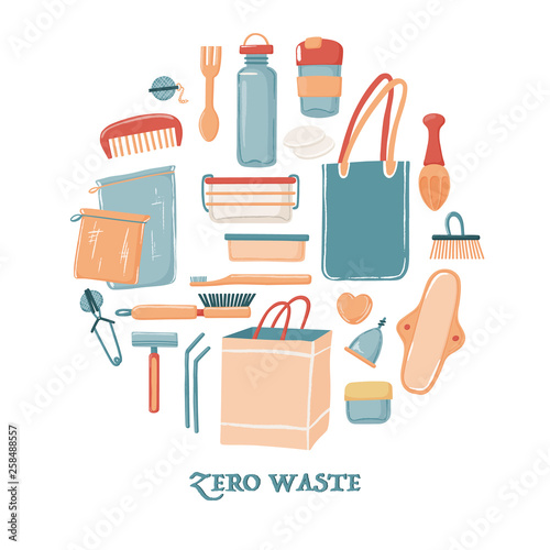 Zero Waste, eco lifestyle set of objects including canvas bag water bottle travel mug toiletries containers razor straws in a round shape, circle, vector illustration isolated on white background