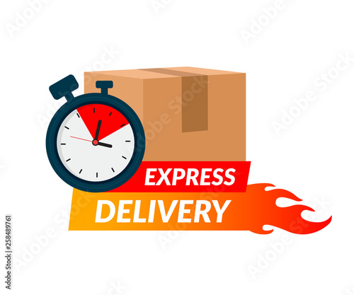 Delivery icon for apps and website. Express delivery concept. Stopwatch in cardboard box. Vector illustration isolated on white background. Flat design. Eps10.