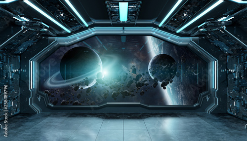 Dark blue spaceship futuristic interior with window view on space and planets 3d rendering © sdecoret
