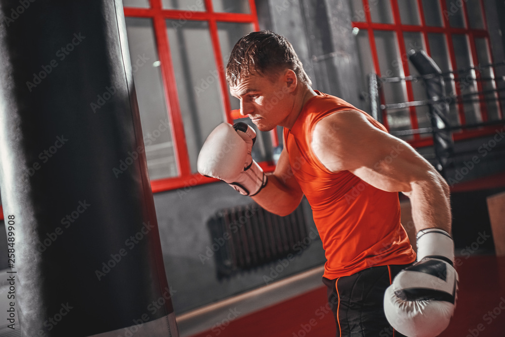 Stronger and faster. Handsome sportsman in sports clothing training on heavy punch bag in boxing gym