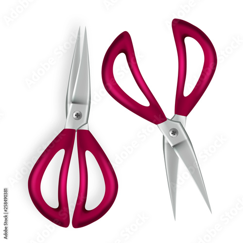 Scissor Vector. 3D Realistic Scissor Icon. Plastic Handles. Opened And Closed. School, Office Equipment. Illustration