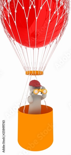 3d man with binoculars in hand on the air balloon. 3d render