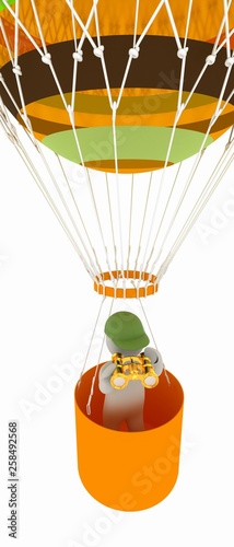 3d man with binoculars in hand on the air balloon. 3d render