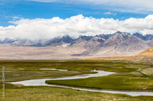 Tagharma viewing deck panorama on Pamir Plateau, at the feet of Muztagh Ata, China. This wetland is a bird paradise along the famous Karakorum highway, which has some of the best views of China