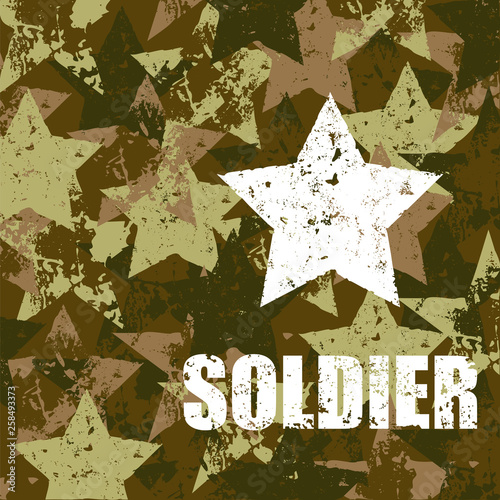 Camouflage military background. Soldier grunge word. Starry damaged pattern for textile, cover, badge. Vector illustration.