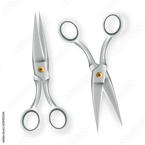 Scissor Vector. Opened And Closed. 3D Realistic Metal Classic Scissor Icon. Tailor Symbol. Illustration