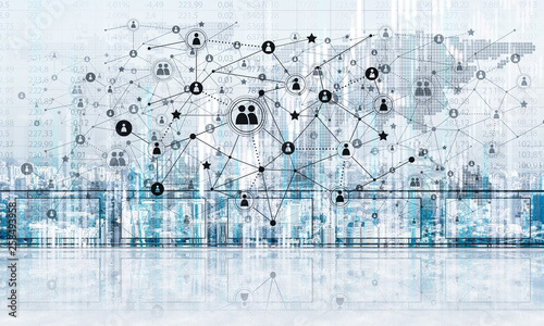 Concept of global communication and networking with world map over cityscape