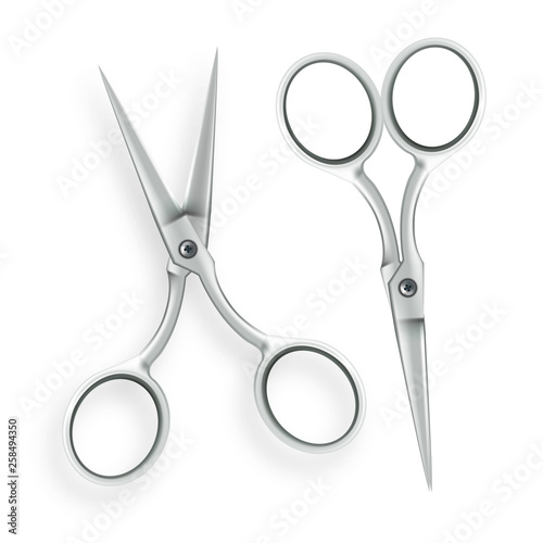 Scissor Vector. 3D Realistic Metal Scissor Icon. Opened And Closed. Hairdresser Symbol. Illustration