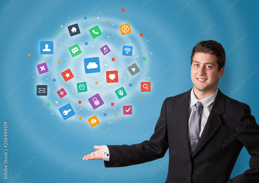 Young person presenting new application icons and symbols
Young person presenting new application icons and symbols