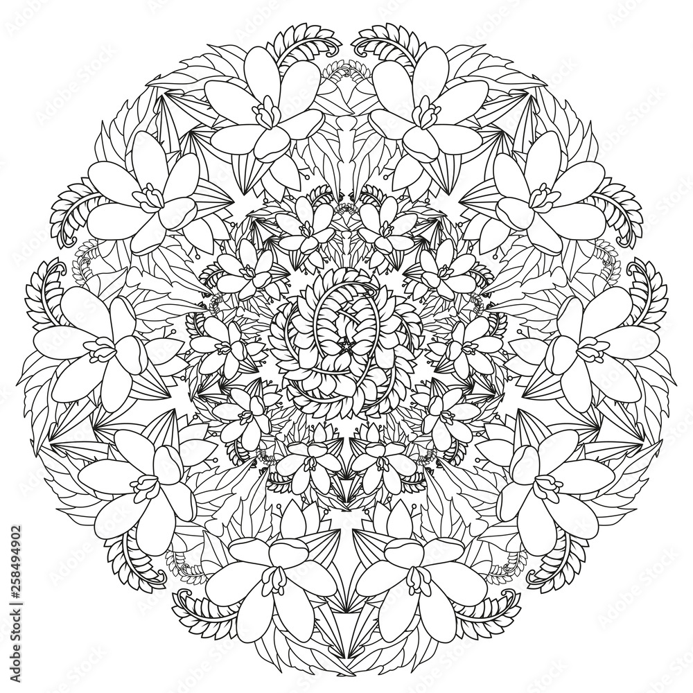 Floral mandala. Vector illustration zentangl. Doodle drawing. Meditative exercises. Coloring book anti stress