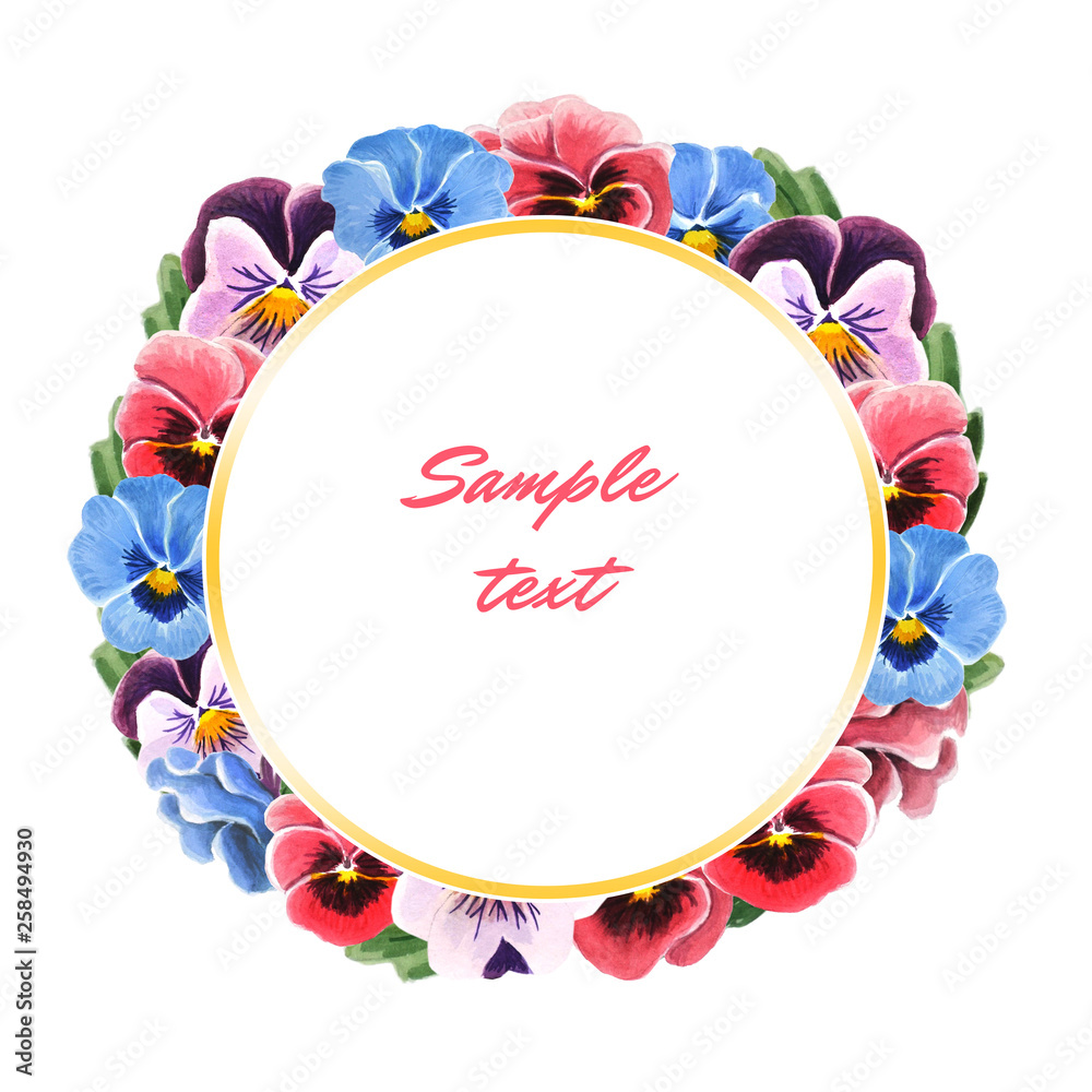 Pansies isolated on white background. Hand drawn watercolor botanical illustration. Wreath of blue, pink and purple flowers for your design. Pansies isolated on white background. Hand drawn watercolor botanical illustration. Wreath of blue, pink and purple flowers for your design.