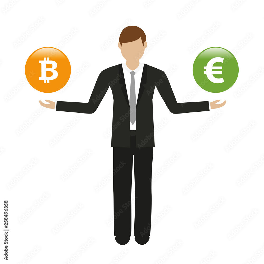 businessman with bitcoin and euro buttons vector illustration EPS10 businessman with bitcoin and euro buttons vector illustration EPS10