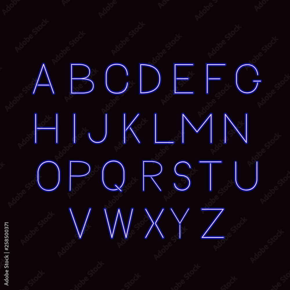 Neon blue vector alphabet on dark background. Sans serif font. Glowing latin uppercase letters. Typeface for headlines, banners, signboards, posters, etc. Easy to edit design template. Neon blue vector alphabet on dark background. Sans serif font. Glowing latin uppercase letters. Typeface for headlines, banners, signboards, posters, etc. Easy to edit design template.