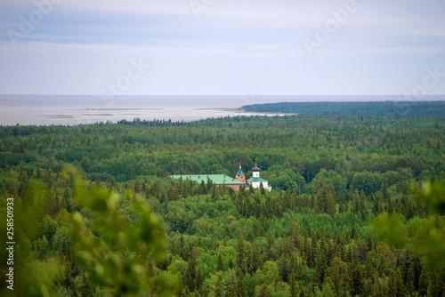 SOLOVKI, View of the Holy Ascension monastery of the Solovki monastery, Savvatyevo from the top of the Sekirnaya mountain. The Solovetsky Monastery. Solovki Islands, Arkhangelsk region, White Sea