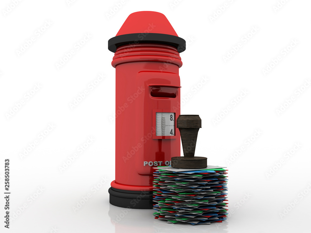 3d illustration post box with rubber stamp on envelop 