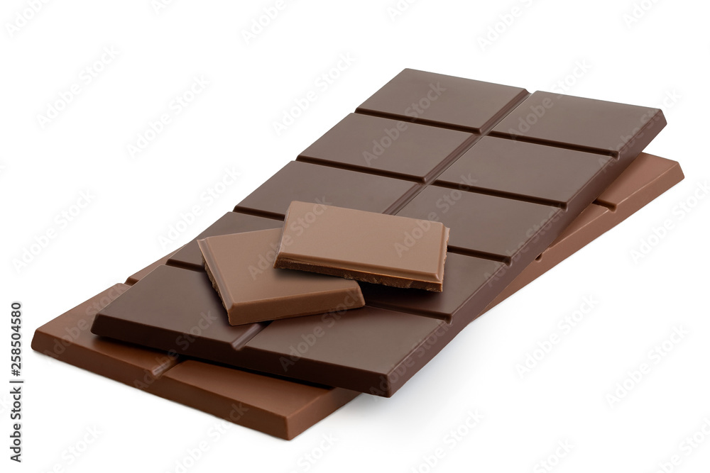 Two squares of milk chololate on top of dark chololate and milk chocolate bars. Isolated on white.