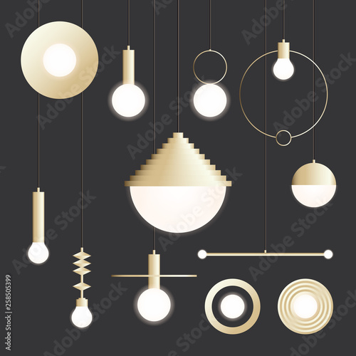 Collection of modern gold hanging lamps and light bulbs. Vector illustration
