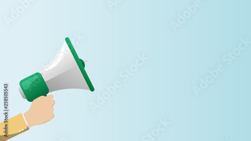 Male hand holding megaphone. Concept for social networks, promotion and advertising. Flat design vector illustration.