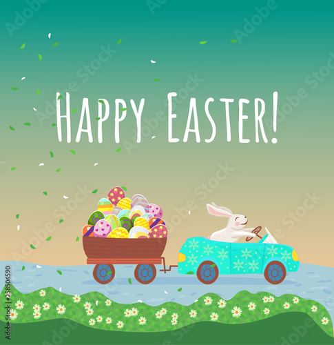 Happy bunny is driving the blue car and drag the egg basket with multicolor eggs on the park in spring season.