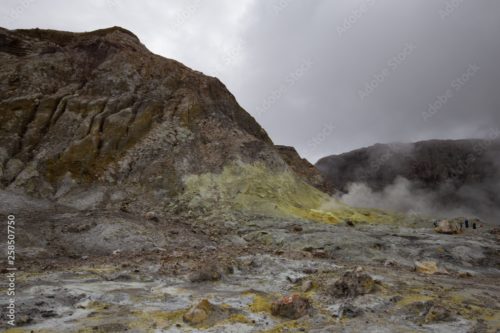 Sulphur Fumeroles and hot mud springs on edge of crater - White Island, New Zealand