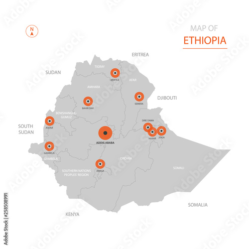 Stylized vector Ethiopia map showing big cities, capital Addis Ababa, administrative divisions.