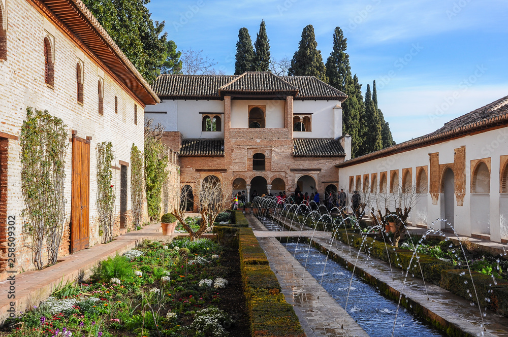 Patio of the Irrigation Ditch ('Patio de la Acequia' in Spanish), most important part of the Generalife inside the Alhambra. Granada, Spain