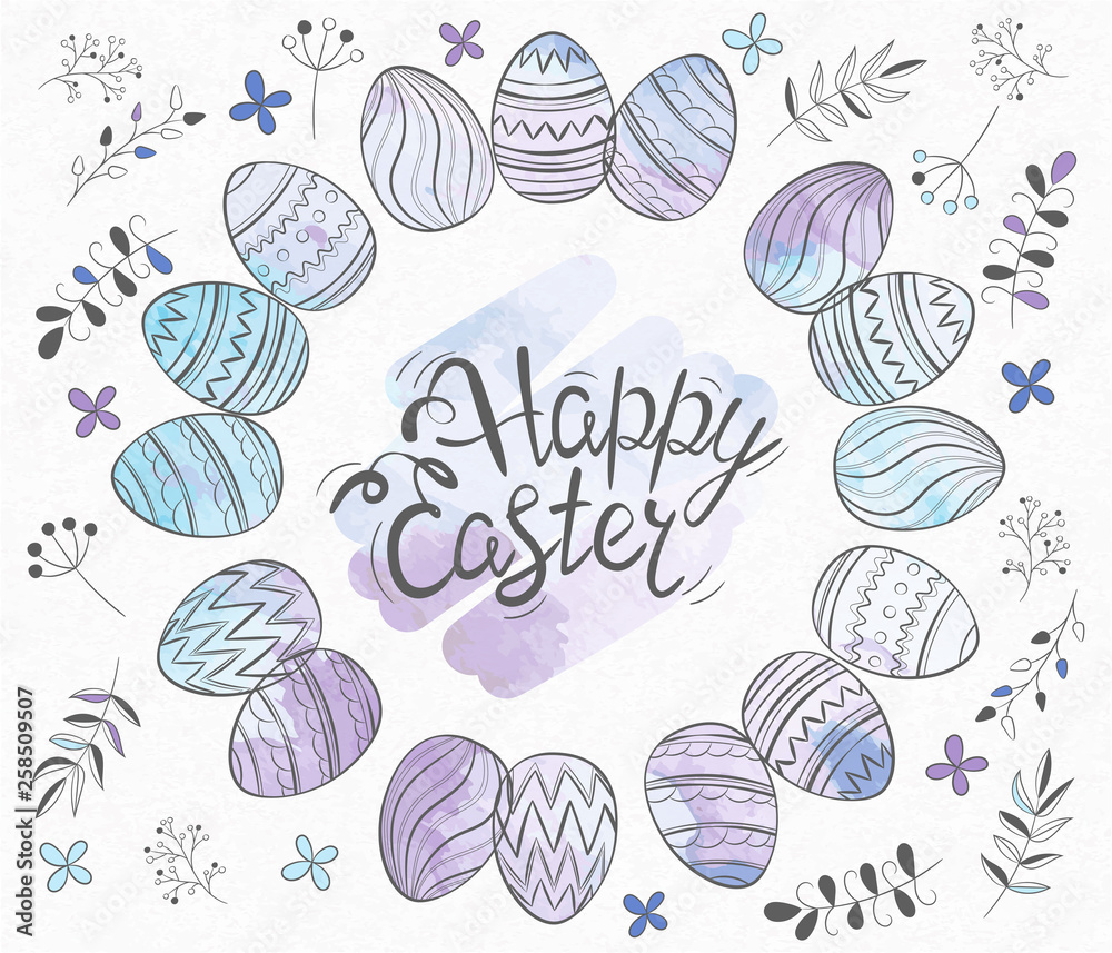 Happy Easter greeting card. Easter Eggs and hand drawn lettering on a watercolor background Happy Easter greeting card. Easter Eggs and hand drawn lettering on a watercolor background