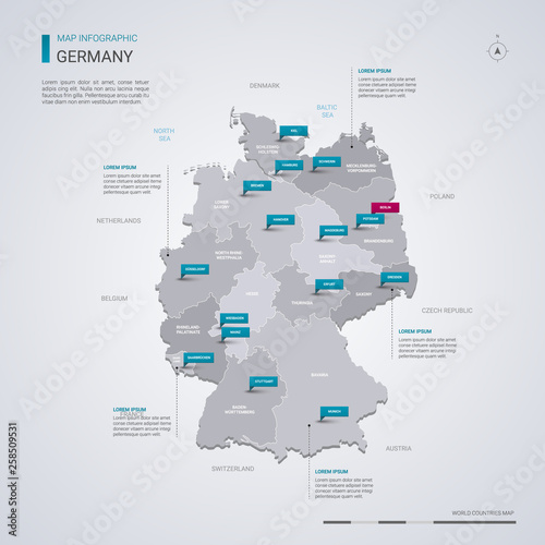 Germany vector map with infographic elements, pointer marks.