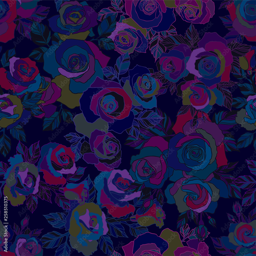 Fototapeta Moody Florals. Seamless colorful pattern with dark roses and leaves.