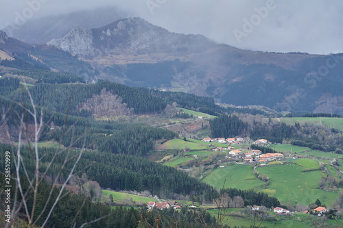 Beautiful landscape with mountain  green fields and rural village in the Basque Country  Spain. The little Swiss