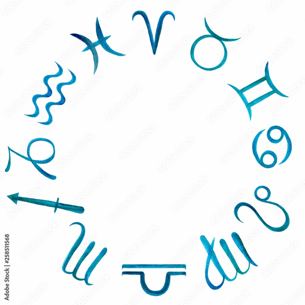 Watercolor zodiac circle of 12 blue zodiac signs on a white background. Illustration.