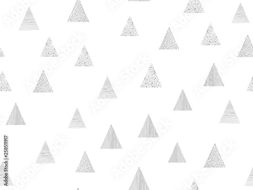 Hand drawn triangles seamless pattern. Abstract geometric memphis repeat background. Black white vector sketch, doodles. Vintage lines, dots texture. Creative fashion ink paint. Design textile, fabric
