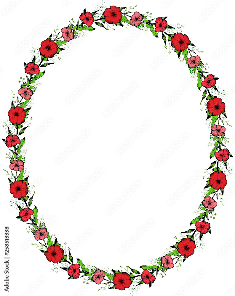 Seamless pattern vertical ellipse frame with flowers and leaves. Design photo, diary pages Seamless pattern vertical ellipse frame with flowers and leaves. Design photo, diary pages