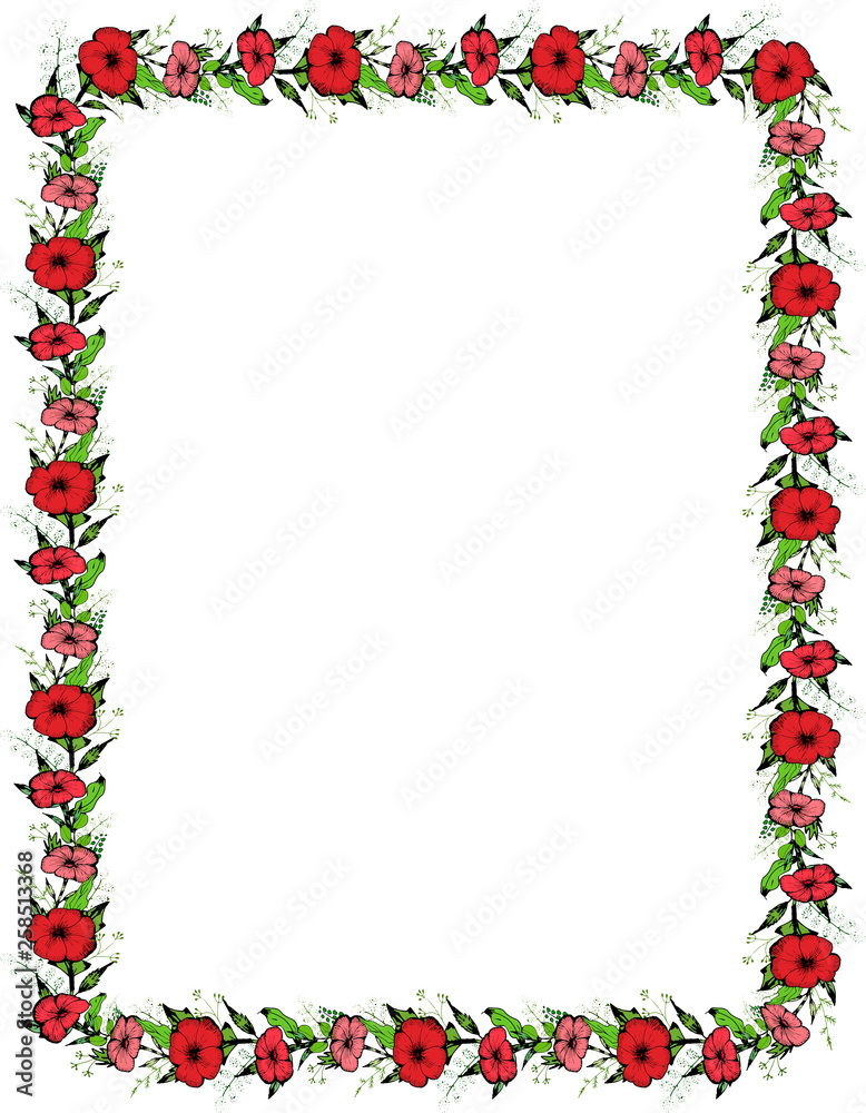 Seamless pattern vertical rectangle frame with flowers and leaves. Design photo, diary pages Seamless pattern vertical rectangle frame with flowers and leaves. Design photo, diary pages